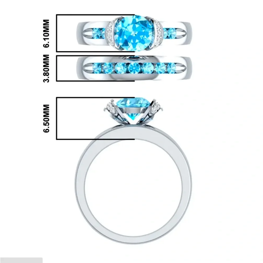 New 925 Sterling Silver Aquamarine 2pc Ring Set